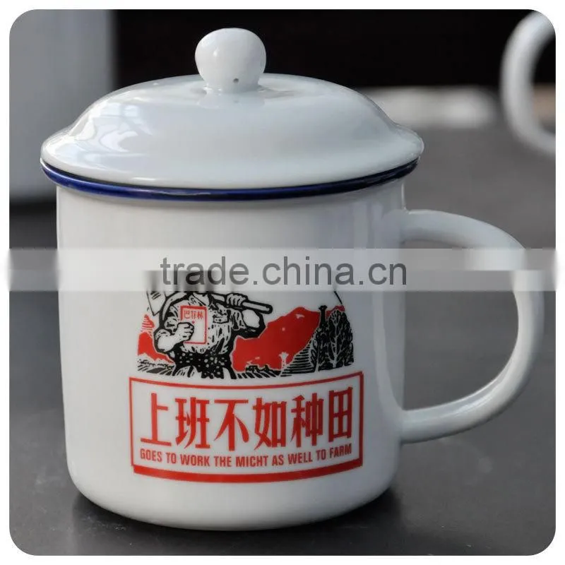 Hot selling white logo printing enamel camping mug