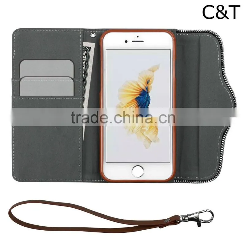 C&T Detachable Strap PU Leather Wallet Handbeg Protective Smartphone Shell for IPhone SE