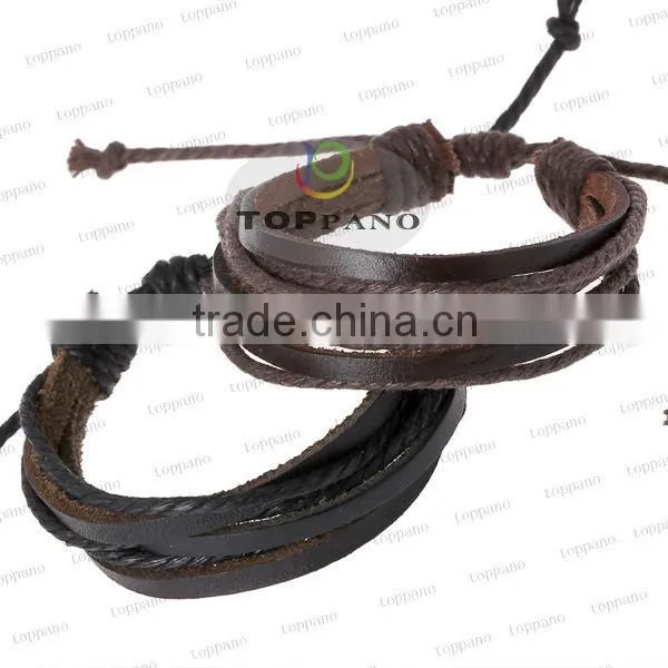 Top quality vintage style red and black stainless steel charm genuine leather bracelet for men