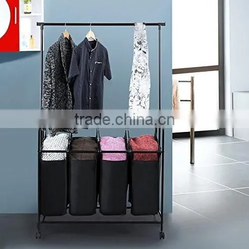 Silver Grey Coated 3-Section Heavy-Duty Steel Rolling Laundry Sorter/Cart
