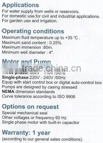 CE certified electric centrifugal submersible water pumps 1.5HP 735HP 4SD 6