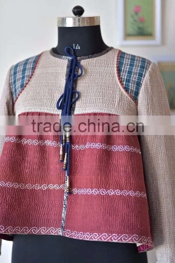 Vintage Kantha Kediyu Style Jacket in Beautiful Vintage Colors ~ Large