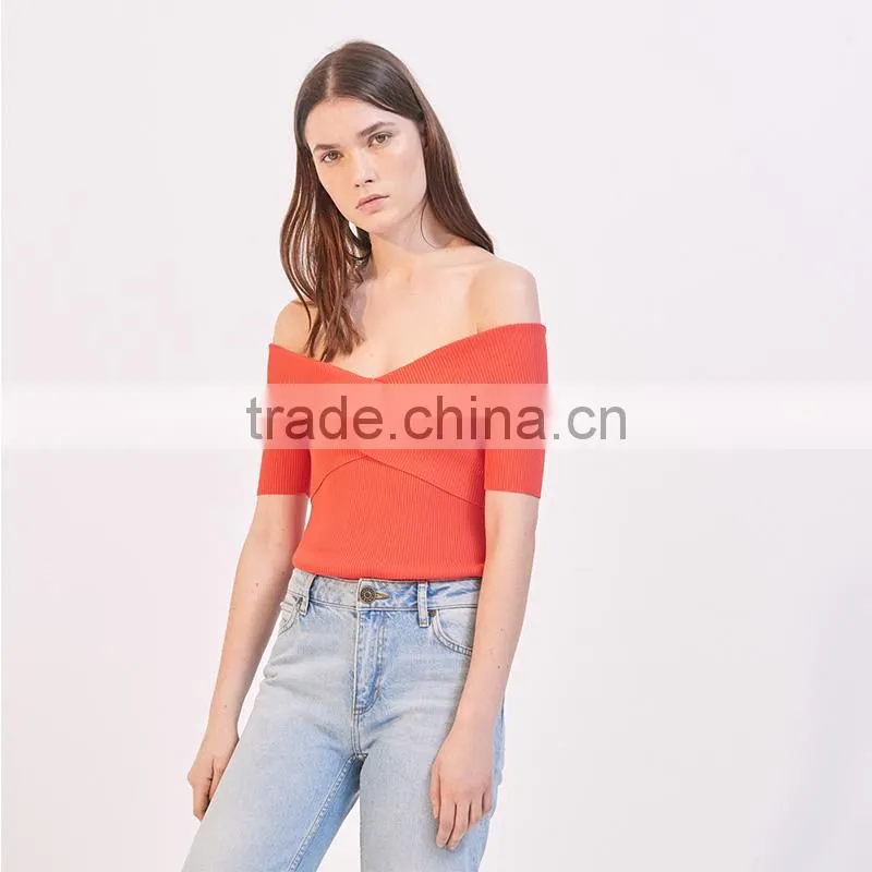 Elasticated knit crossover shape V-neck short sleeves strapless tank