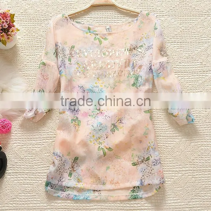 Simple style chiffin wihte V neck no collar 7 sleeve women casual bouse