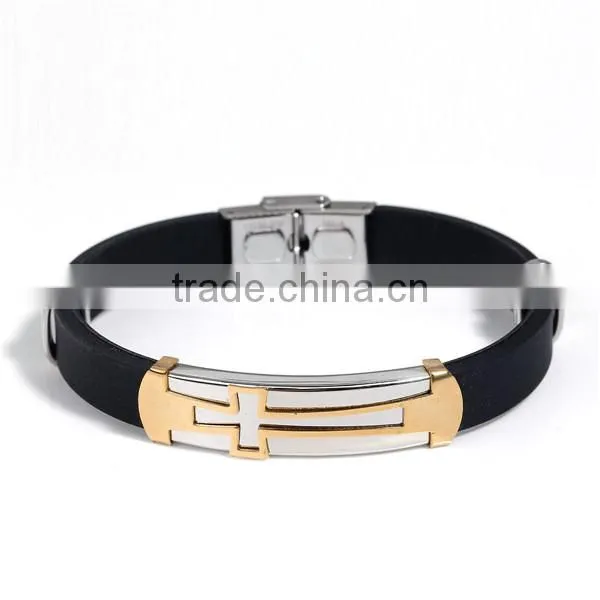 Custom Personalized Gold Plated Black Cross 304 Stainless Steel Silicone Wrist Band Custom Debossed