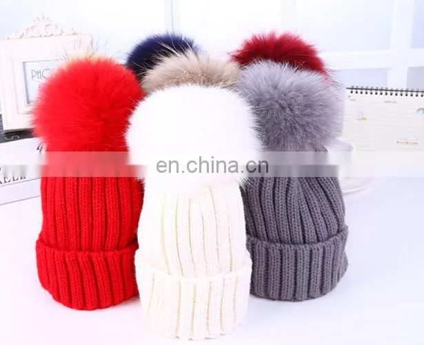 big fur pom beanie warm winter knitted hat fur knitted hats