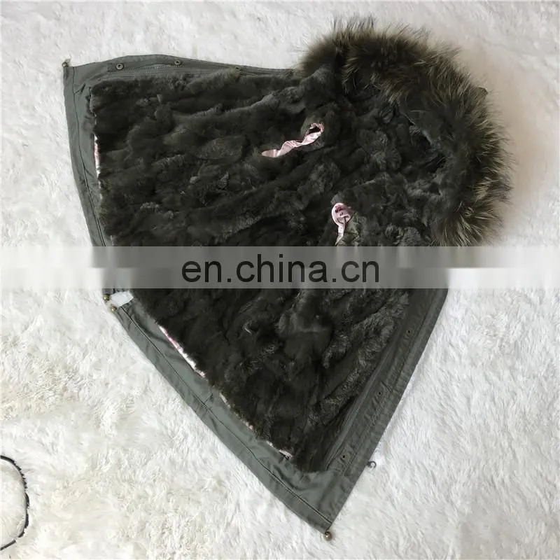 High Quality Manufacture Fashionable Winter Rose Red Rex Rabbit Fur Lining Baby Fur Parka Coat