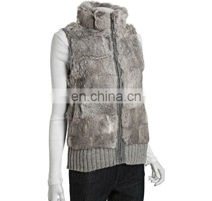 cutting genuine rabbit fur knit,zip front vest /dyed gray