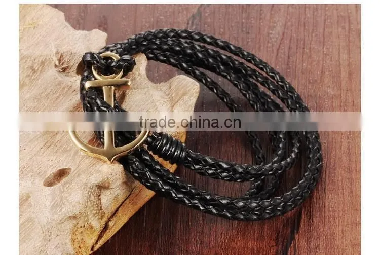 Multilayer handmade woven leather bracelet stainless steel gold boat anchor alloy charms man anchor bracelets