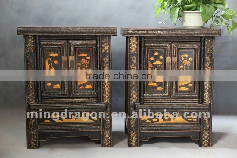 Chinese antique furniture pine wood shanxi two door black & red bedside cabinet