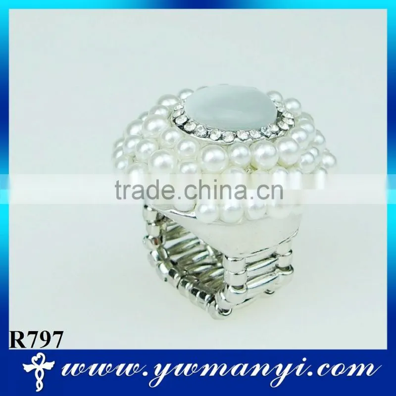 Plated silver pearl ring rhinestone rings big opal ring R797