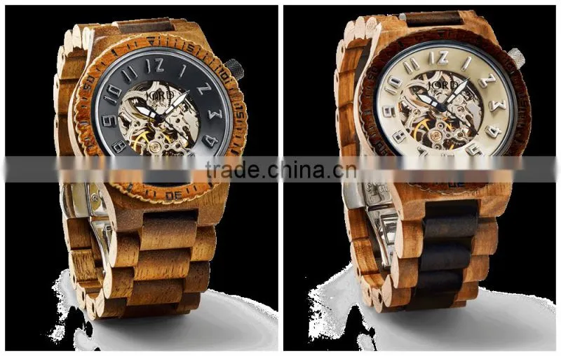 2016 Fashion Mens Bamboo Wood Watch Mechanical Wooden Watch Skeleton Man Watch