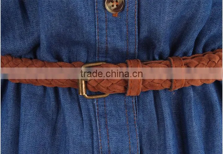 2015 fashion high quality New Arrival girls long sleeve denim winter dress with contrast color