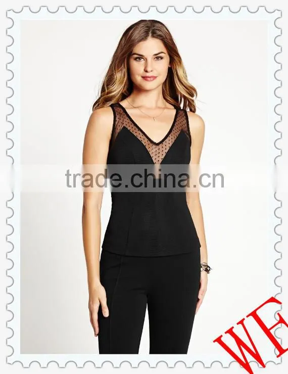 HOT! unique design girls sexy black dot mesh sleeveless tops