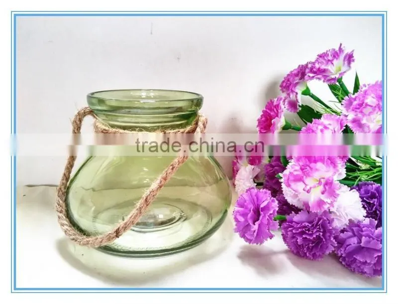 2016 Hot sale color flower vase/glass candle holder with rope handle