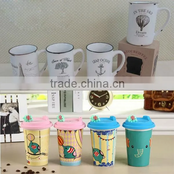 double wall decal ceramic lovers cups with silicone lid