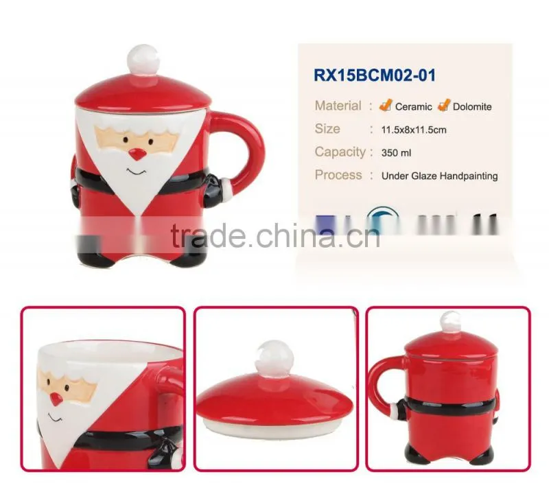 Hot selling 3D funny handle ceramic Christmas milk mug with lid