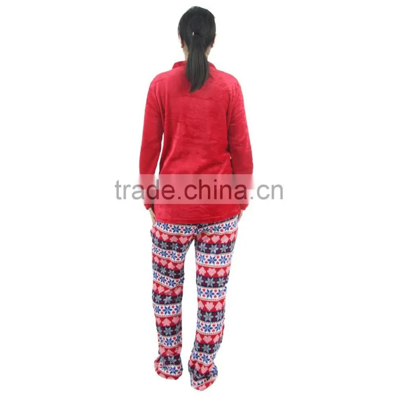 Kevince polyester women flannel pyjama set snowflake knitted 1000pcs up OEM factory directly