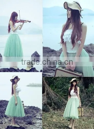 Fashion Women Bohemian Mesh Ball Gown Skirt A-Line Pleated Midi Swing Skirt