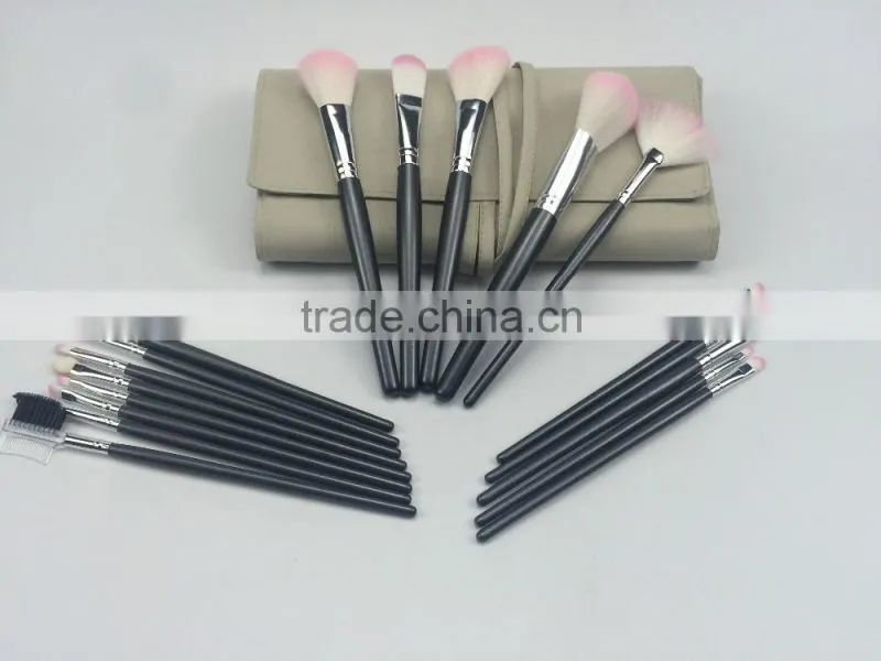 18pcs custom logo pink&white nylon hair shiny black wooden handle in khaki pu bag cosmetic brush set