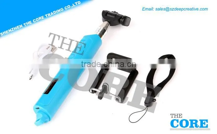 Blue color bluetooth monopod selfie stick with zoom button/wireless bluetooth selfie stick/cheap selfie stick