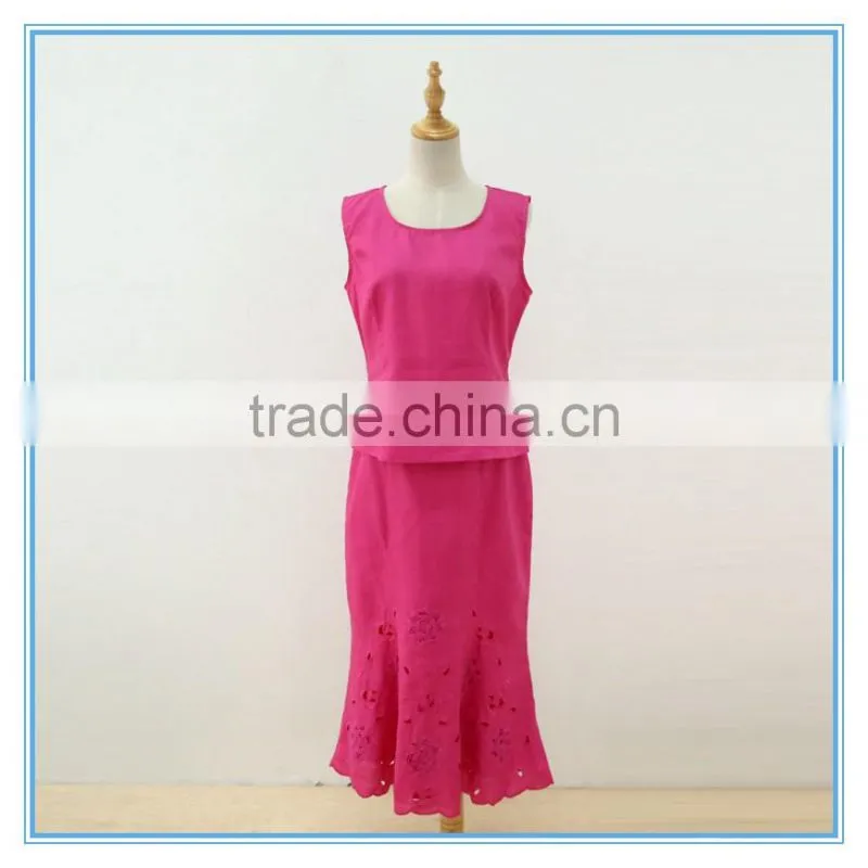 Linen Fabric Floral Embroidery Monogram Scallop Church Suits For Lady