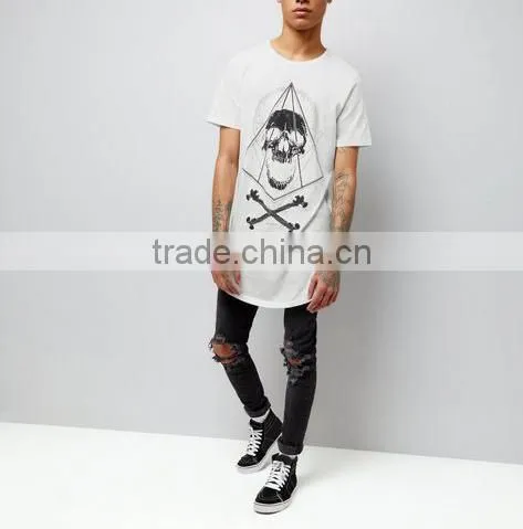 Hot selling fancy printed white t-shirt mens designer tees summer casual longline t shirt