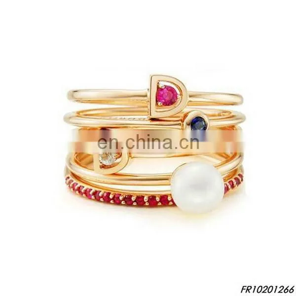 Gold set of four stacking ring with gemstone fashion opal ring jewelry