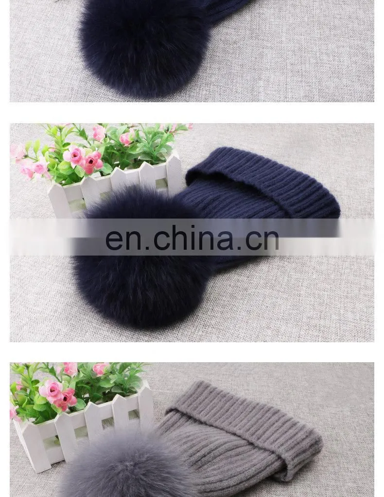 Winter Wool Knitted Beanies Scarf Fox Fur Pompom Knitted Hat Wool