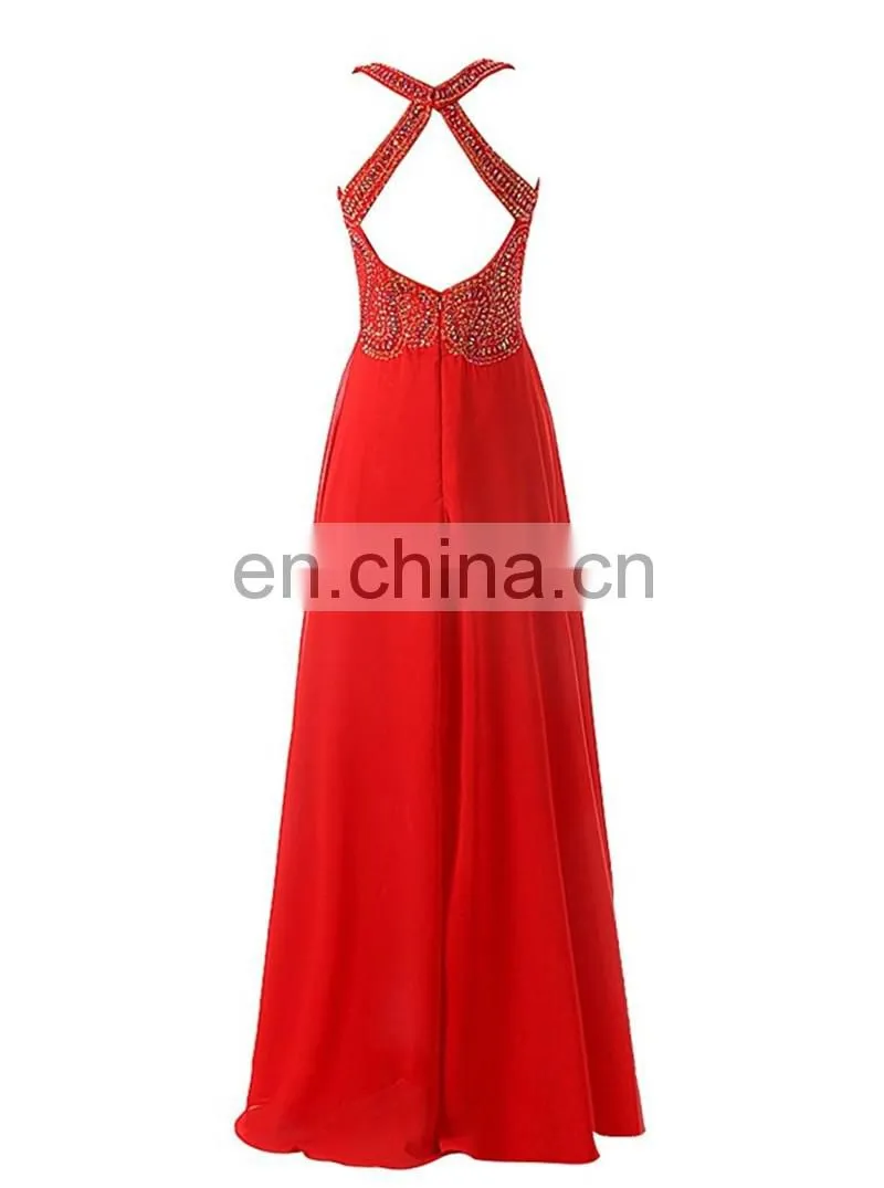 Red Spaghetti Strap Chiffon Long Evening Party Gowns 2016 A-line Criss Cross Strap Back Prom Dress with Crystals Sequined