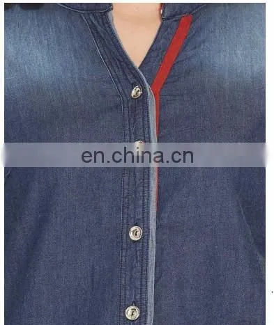 ONSALE NEW FASHION EUROPEAN STYLE COLLAR NECK SHIRT TRENDY HOT WOMENS' DENIM SHIRT BLOUSE TUNIC DRESS SUMMER TOPS FOR LADIES