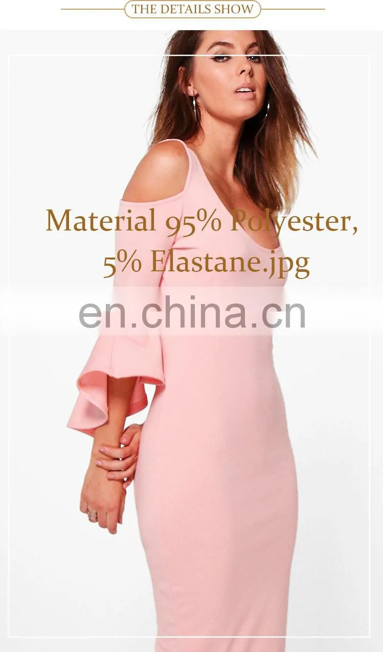 New fashion custom plain pink bell sleeve cold shoulder sexy women dress
