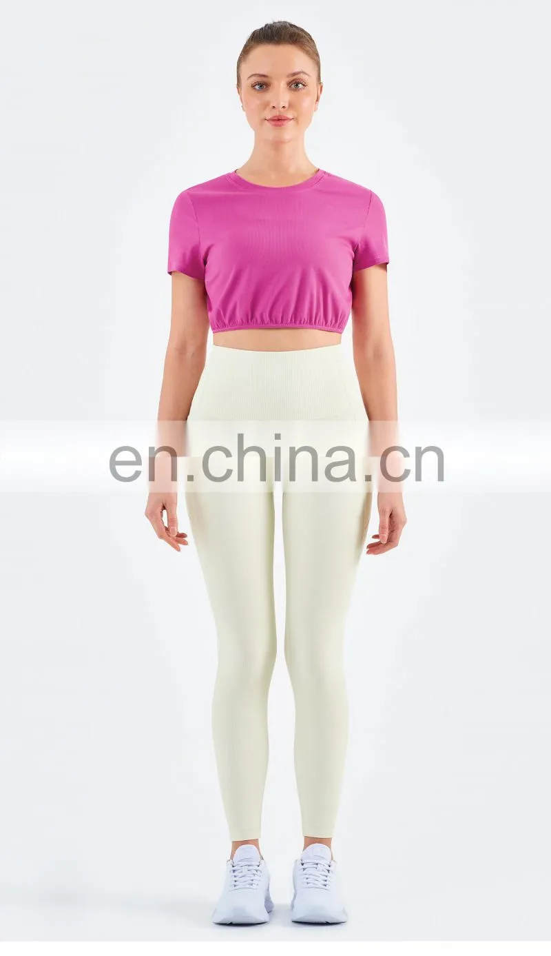 Wholesale Gym Ribbed Yoga T Shirt Elastic Legging Sets Custom Fitness Wear