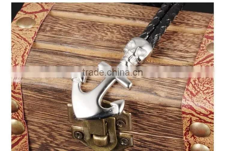 Cheap stainless steel skull boat anchor double braided leather bracelet punk rock style