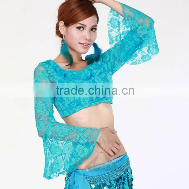 Belly Dance Training long sleeve Yellow Rose Lace Dance Costume Tops