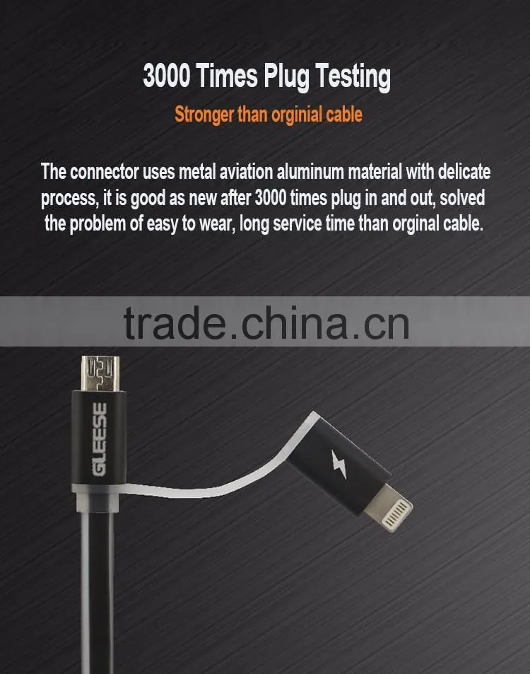 Gleese High Quality Data Charger 2 in 1 TPE Copper Core Micro USB Cable for iPhone and Android