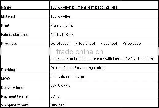 chinese supplier 100% cotton bedding sets pigment printed