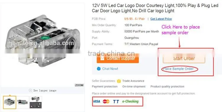 12V 5W Led Car Logo Door Courtesy Light,100% Play & Plug Led Car Door Logo Light,No Drill Car logo Light