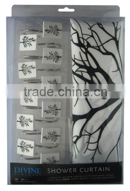 plant design polyester shower curtain with resin hooks