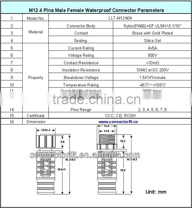 water-repellent metallic nut threaded coupling 4 pin cable connector