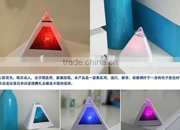 Top sale triangle color changing digital alarm clock/desk clock/calendar clock