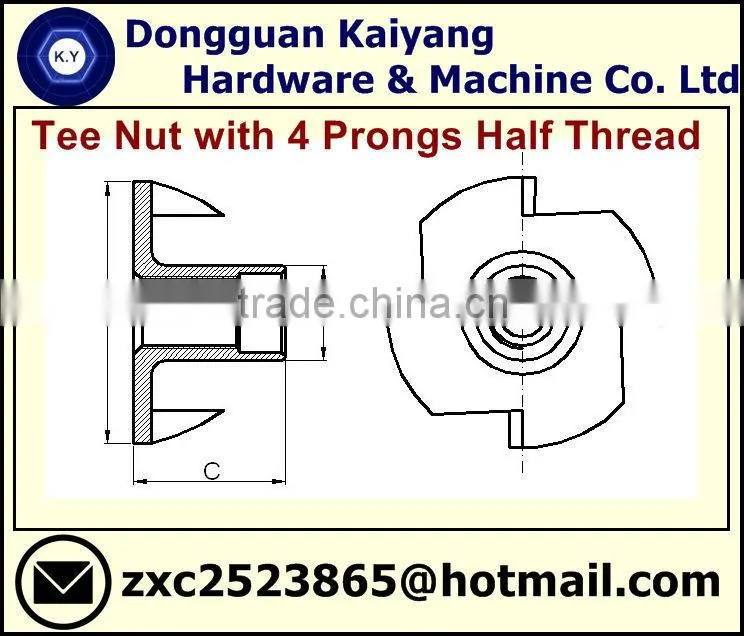 4 Prongs Tee Nut; T Nut (Half Threaded) for furniture; M5, M6, M8, M10