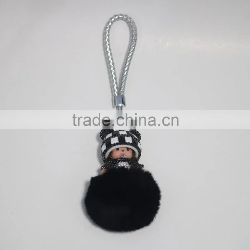 Real Fox Fur Monchhichi cartoons Keychain