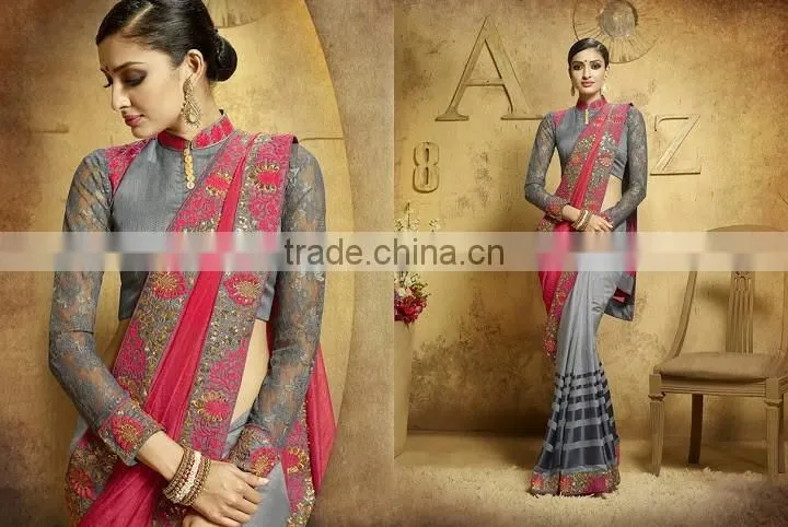 Viscose Red Resham Work Lehenga Saree