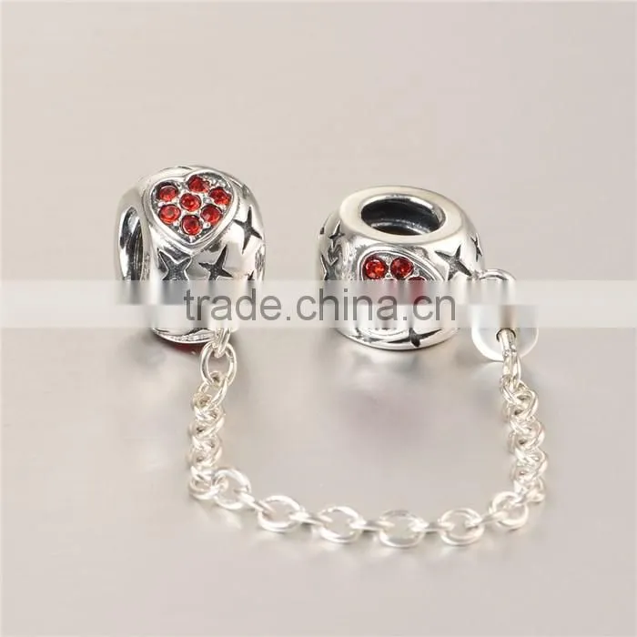925 Sterling Silver Heart Red CZ Safety Chains Mother day Gift Bracelet Chains