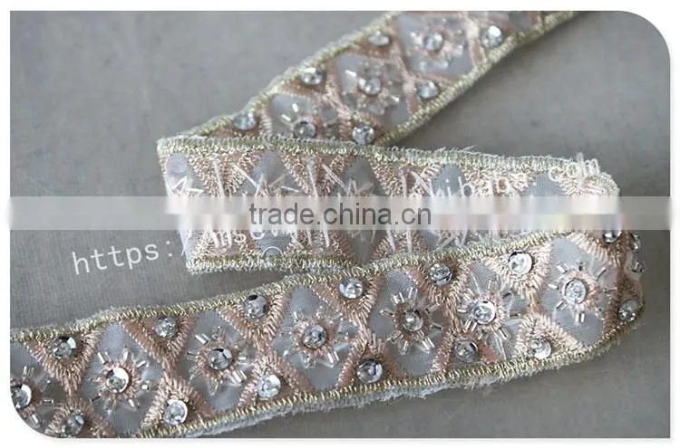 Elegant design 2.5cm width champagne crystal trim bridal embrodiery