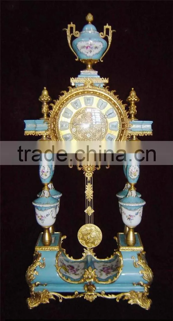 Vintage Art Decorated Ceramic Enamel Table Clock, Ornate Angel Playing Instrument Gilt and Turquoise Desk Clock