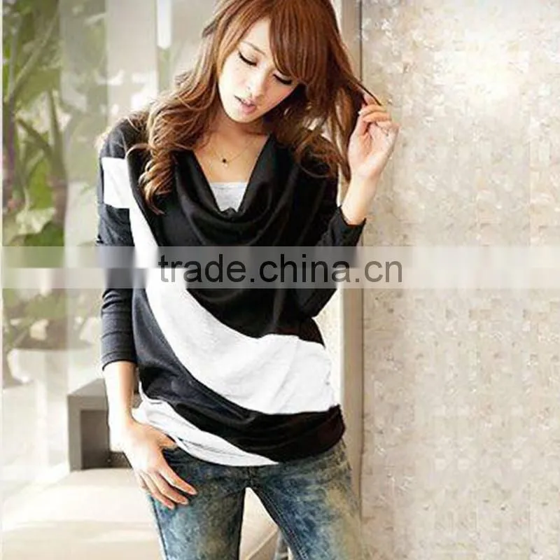 Fashion Women 2015 Clothes Spring Bat Sleeve Stitching Long Sleeves T-shirts Patchwork Stripe Casual Tops Blouses