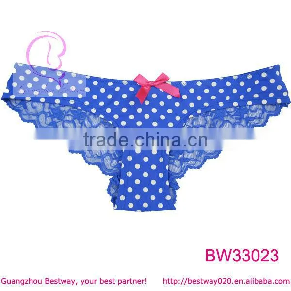 Sexy blue polka dot panties with cute red bow back full transparent panties