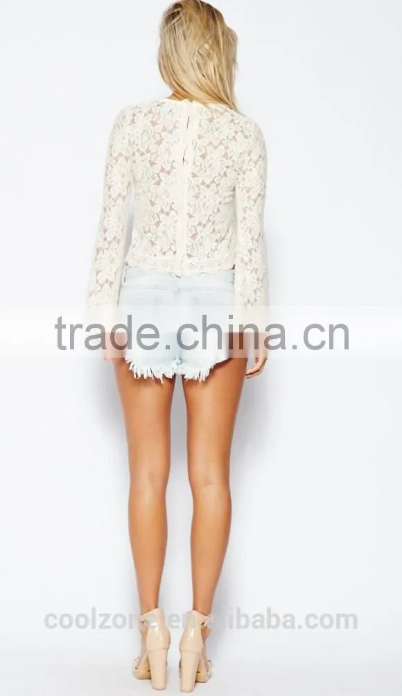 New arrival fashion loose through look floral lace lady blouse